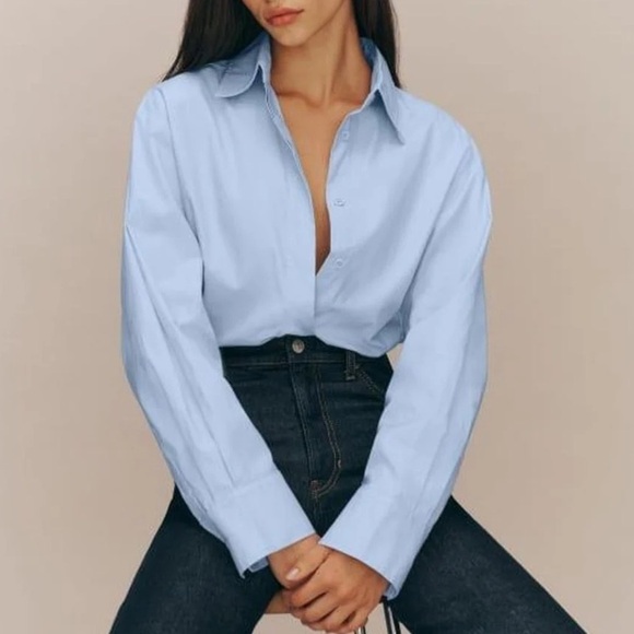 Reformation Andy Oversized Cotton Collar Button Down Up Shirt Top Horizon Blue - Picture 2 of 8
